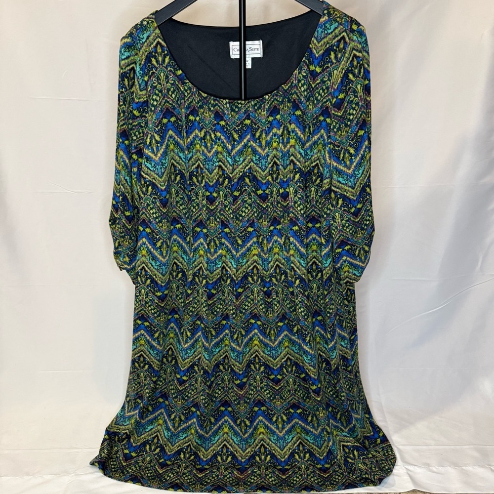Chelsea Suite Women’s Size 18W Multicolor Chevron Shift Dress Long Sleeve EUC